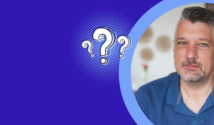 Photo of a man and question marks around him
