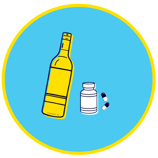 Illustration pof wine bottle, tablet bottle and tablets
