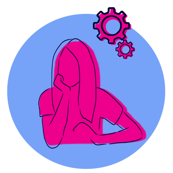 Illustration of person thinking with cogs over their head