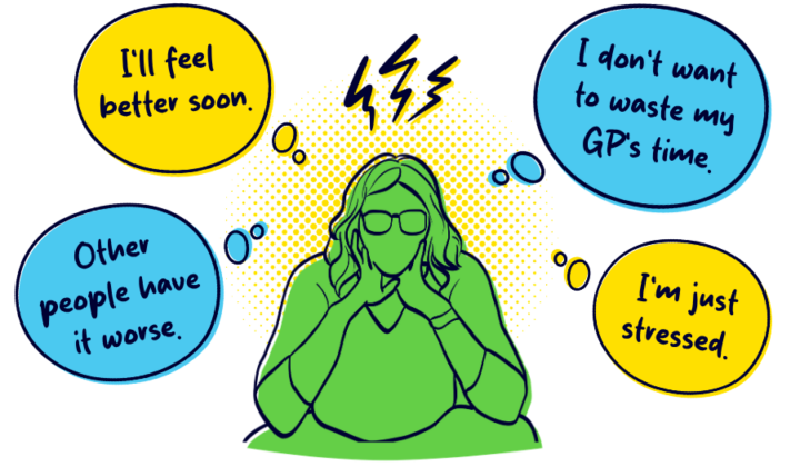 Illustration of thought bubbles about not going to GP