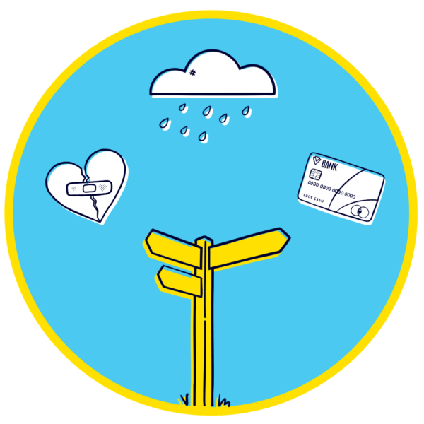 Illustration of signpost, broken heart, clouds and money representing life changeIllustration of signpost and clock to represent life change