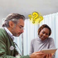 Patient looking at results GP is howing her