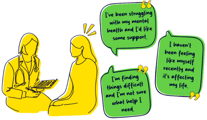 Illustration of speech bubbles with ideas on how to start talking to your GPIllustration of speech bubbles with ideas on how to start talking to your GP