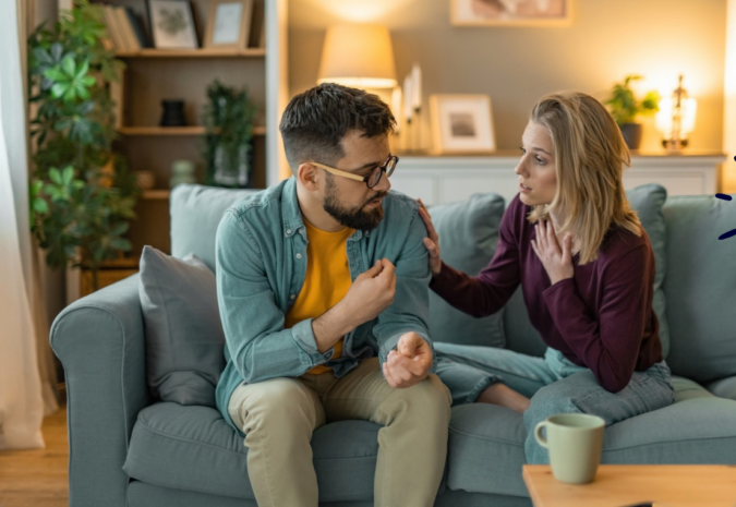 Partners talking at home